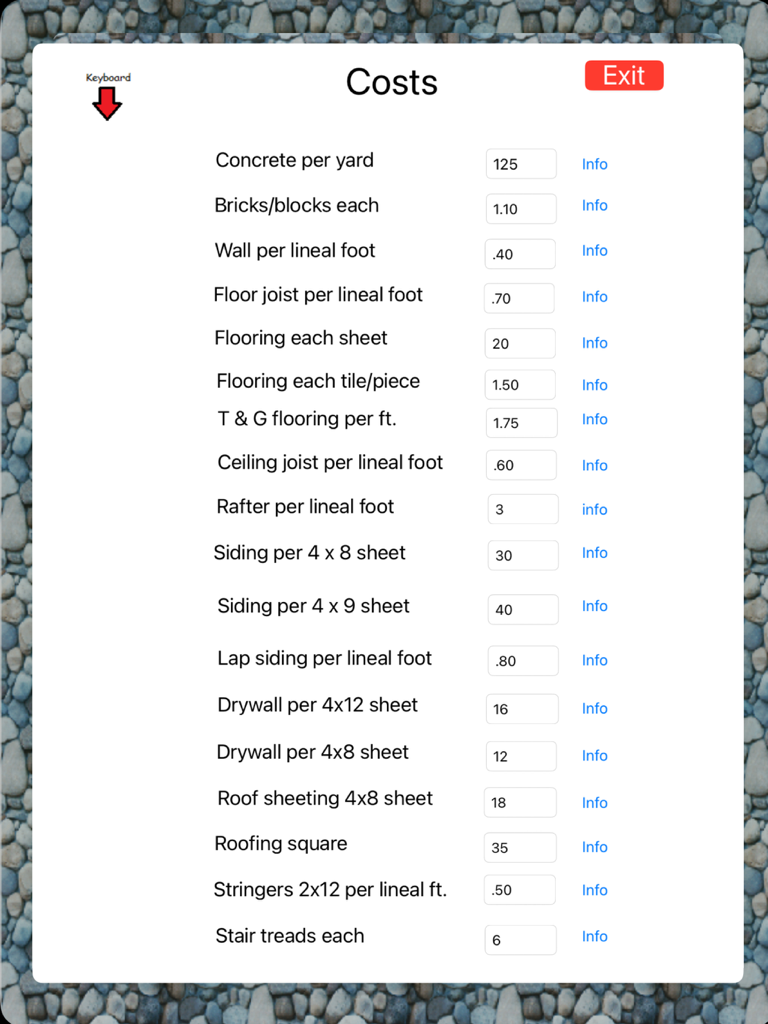 Estimate HD - Construction material cost input screen showing unit prices for concrete bricks and flooring