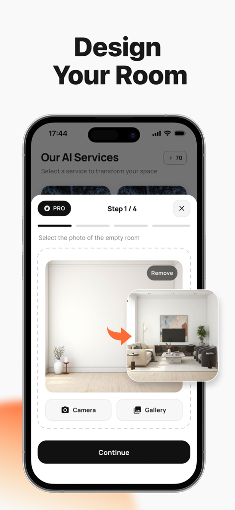 Homestyler: AI Room Planner - Mobile app interface showing the process of uploading a room photo for AI interior design transformation