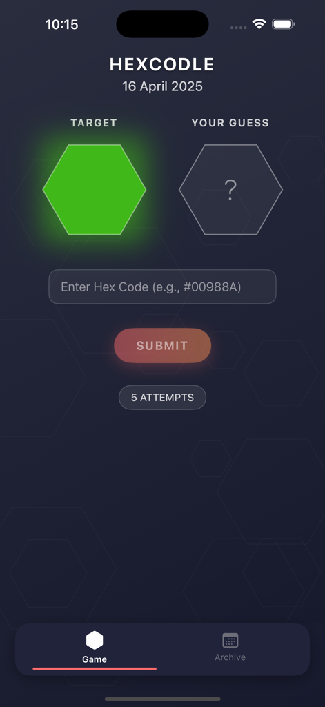 Hexcodle - Interfaz de la aplicación Hexcodle que muestra un hexágono objetivo verde y un cuadro de texto para ingresar una suposición de código de color hexadecimal