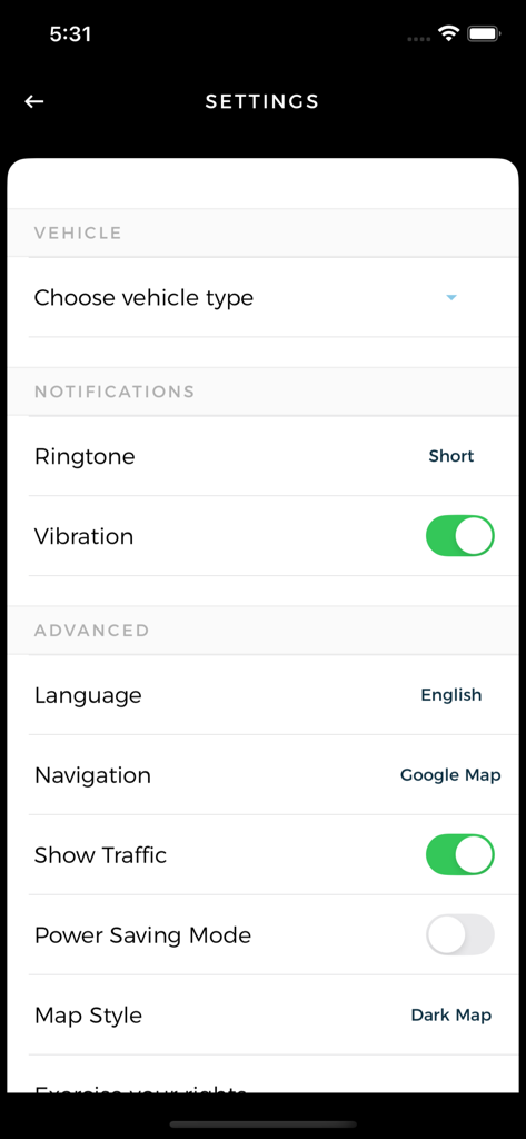 Ultra Agent app settings interface showing vehicle and notification options