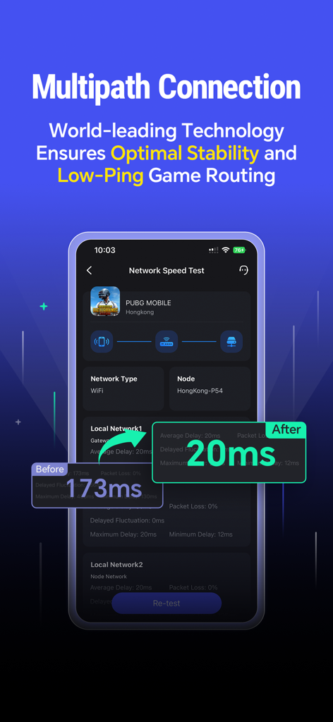 Interface do aplicativo LagoFast mostrando a redução de ping de 173ms para 20ms para PUBG Mobile usando conexão multipath.