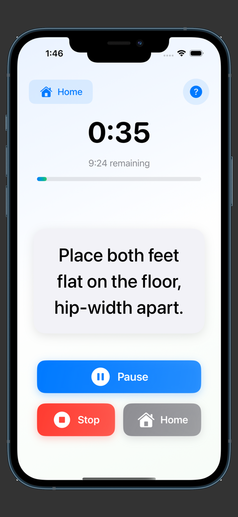 Chair Exercises Workouts - Interface de l'application de yoga sur chaise montrant des instructions d'entraînement en gros caractères et des boutons de navigation accessibles pour les seniors