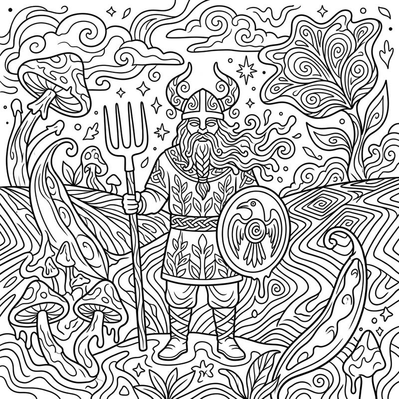 Embark on a mind-bending coloring journey with this psychedelic Viking farmer! Featuring intricate patterns and surreal designs, this page offers a truly unique artistic experience.
