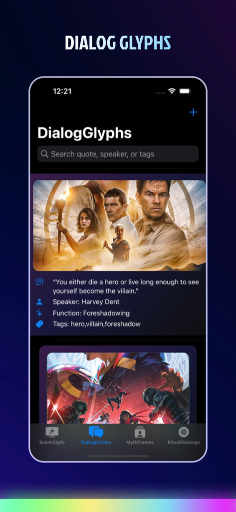 Screenshot of the Multi Television 2025 app displaying the Dialog Echoes feature for logging movie quotes and cinematic analysis tags.