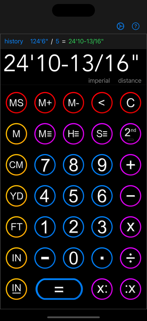 Construction Calc - Construction Calc app interface displaying feet inches and fractional measurements