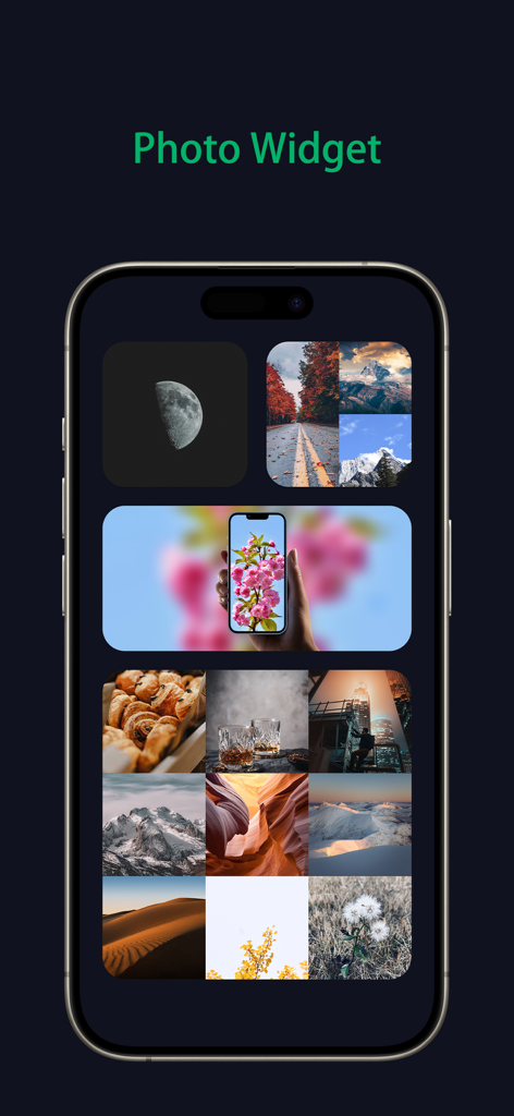 Panostory Pro - An iPhone home screen displaying various aesthetic photo widgets with different layouts and photo grids