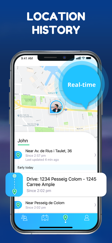 Spoten Phone Location Tracker - Spotenアプリ。地図上に位置情報履歴とリアルタイムの移動が表示されています。