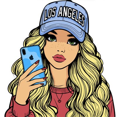 realistic beautiful girl wearing los ángeles cap holding an iphone