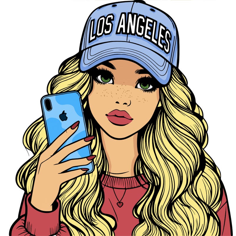 realistic beautiful girl wearing los ángeles cap holding an iphone