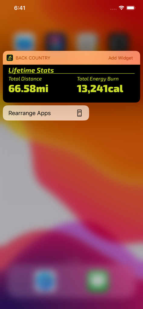 Back Country Workout - Back Country Workout iPhone widget showing lifetime statistics for total distance and energy burn.
