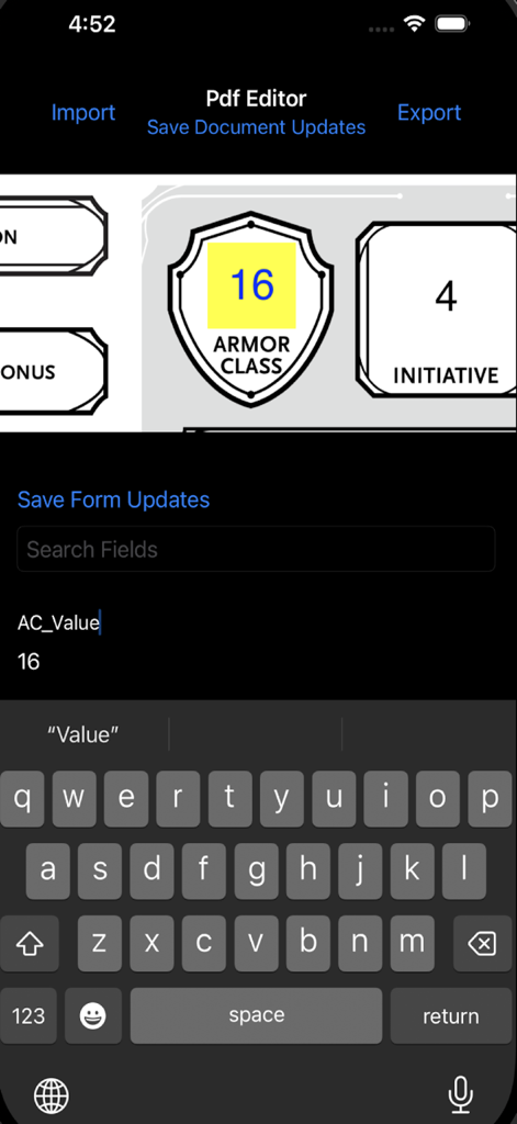 Um usuário editando o nome interno de um campo de formulário PDF usando um teclado móvel