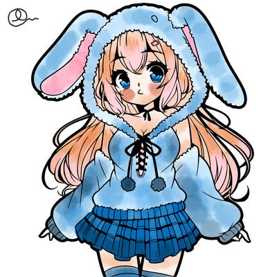pretty anime girl wearing a fluffy hoodie with bunny ears on the hood and a skirt