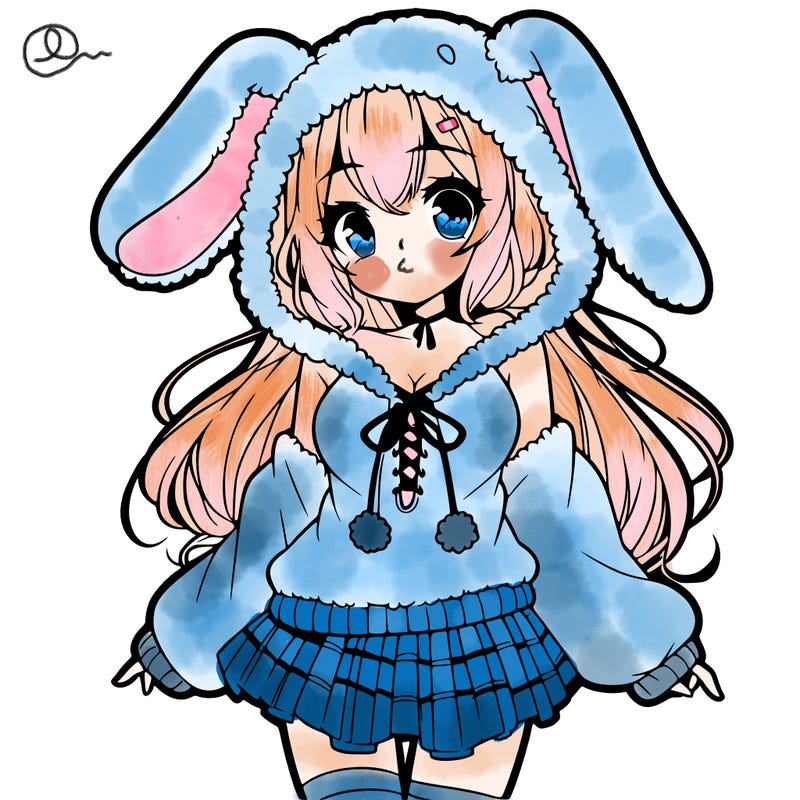 pretty anime girl wearing a fluffy hoodie with bunny ears on the hood and a skirt