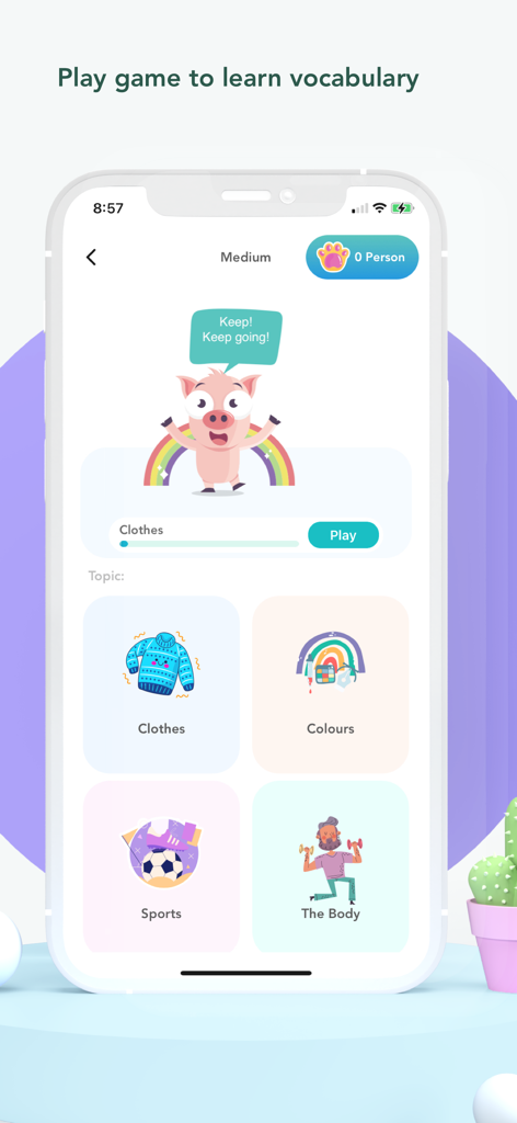 IELTS Reading - Advanced - IELTS Reading Advanced app interface for a vocabulary learning game with topics like clothes and sports