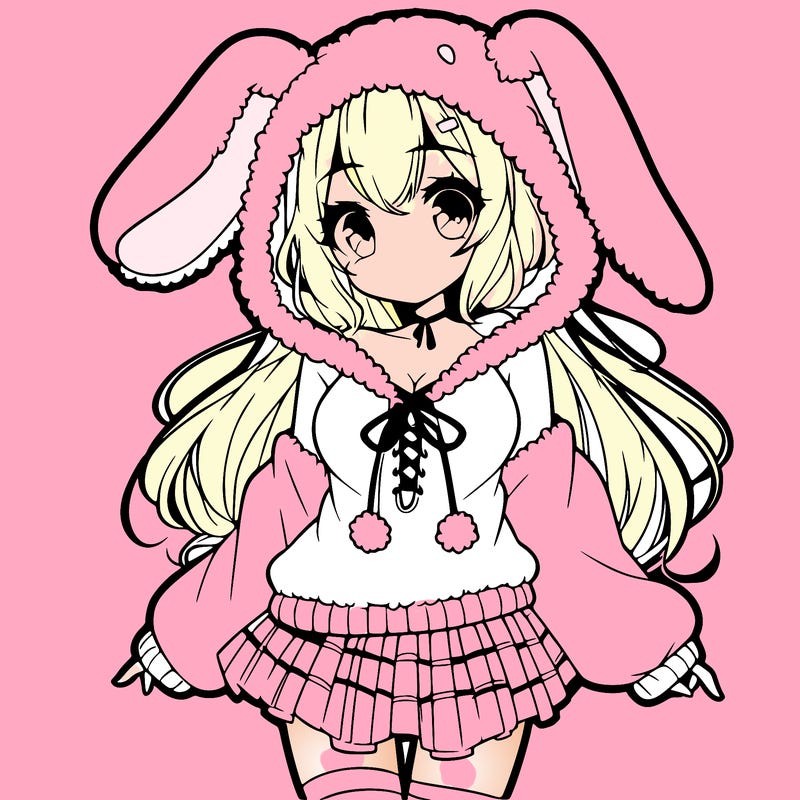 pretty anime girl wearing a fluffy hoodie with bunny ears on the hood and a skirt