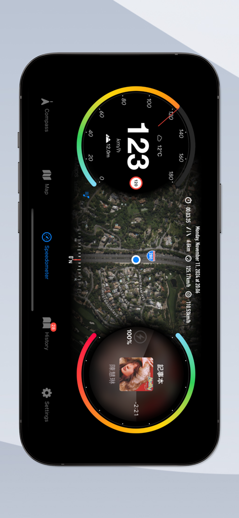 Speedometer GPS & Compass - Panel de la aplicación Velocímetro GPS en modo horizontal mostrando velocidad en tiempo real, mapa satelital en vivo e integración con reproductor de música