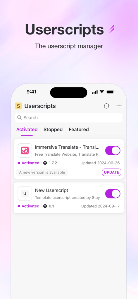Stay for Safari - Stay for Safari App-Oberfläche, die den Userscript-Manager mit aktivierter Übersetzung und benutzerdefinierten Skripten auf einem iPhone-Bildschirm anzeigt.