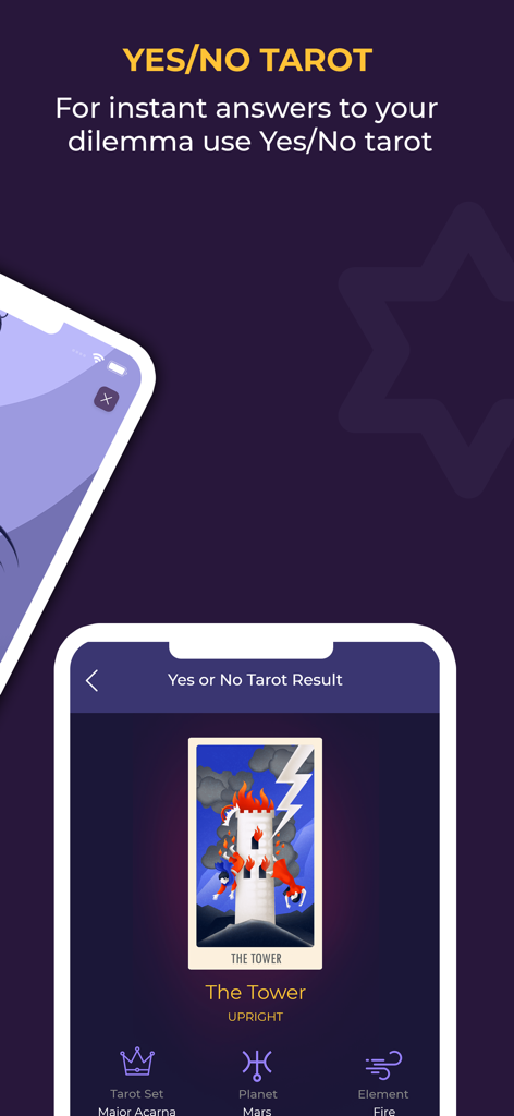 Una pantalla de smartphone que muestra el resultado de una lectura de Tarot de Sí o No con la carta de La Torre en la aplicación Lectura de Tarot y Horóscopo.