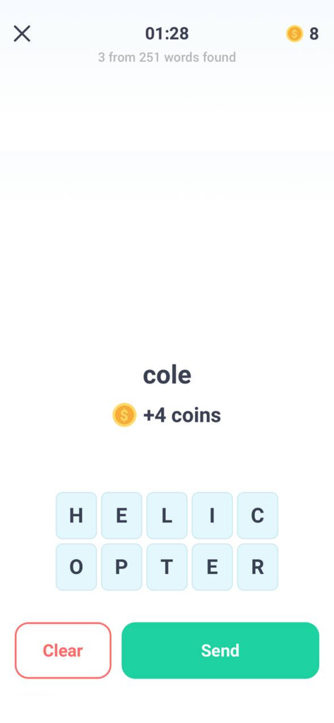 Find Words in Word - Typer - A screenshot of the Typer word puzzle app showing the letters from helicopter used to find the word cole for coins