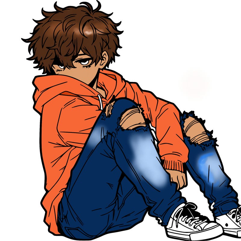 a male hoddie ripped jeans messy hair anime
