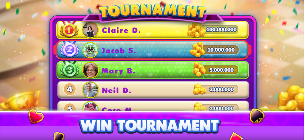 Gin Rummy Elite: Online Game - Tabla de clasificación del torneo de Gin Rummy Elite mostrando clasificaciones y recompensas de fichas