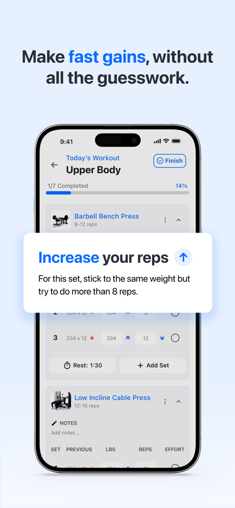 Built With Science+ - BWS plus app screen showing progressive overload guidance to increase exercise reps