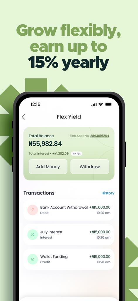 Credit Direct Mobile - Credit Direct Mobile app screen displaying the Flex Yield account balance and 15 percent annual interest rate.
