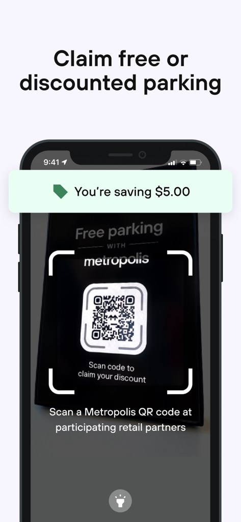 Metropolis: Remarkable Parking - Metropolis app interface showing how to scan a QR code at a retail partner to claim a parking discount.