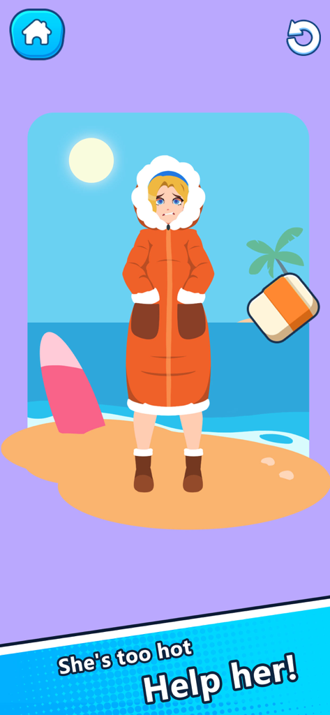 Eraser Magic:-Brain Test - Gameplay screenshot of Eraser Magic Brain Test showing a character wearing winter clothes on a tropical beach with a magic eraser tool