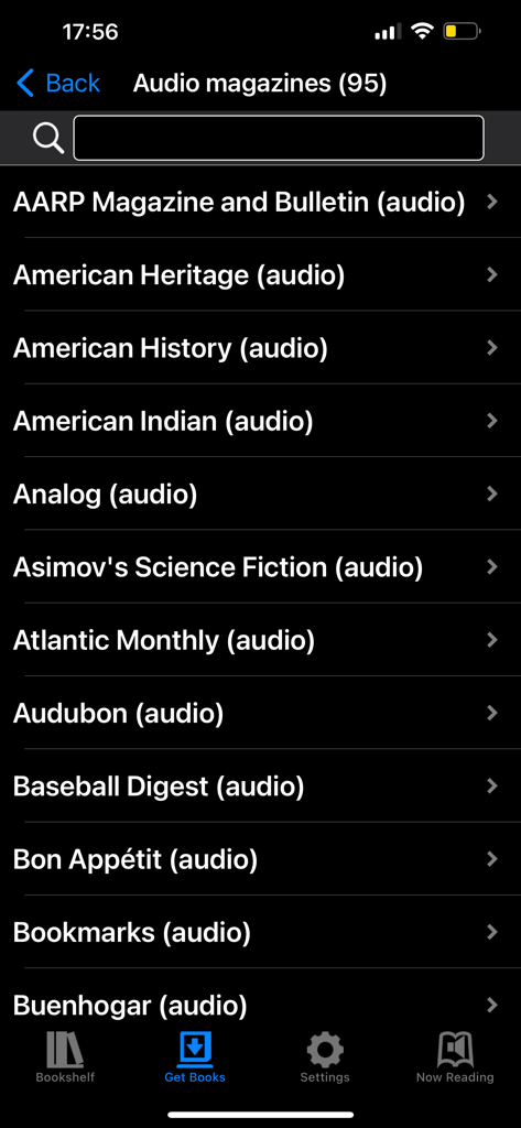 BARD Mobile - A high contrast list of available audio magazines in the BARD Mobile app including titles like AARP Magazine and Atlantic Monthly.