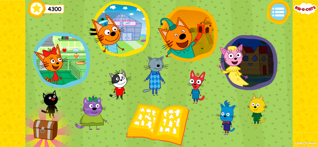 A day with Kid-E-Cats - Pantalla del menú principal de la aplicación Un día con Kid-E-Cats mostrando personajes y actividades de juego