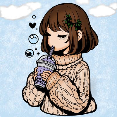 manga girl drinking boba in cozy sweater