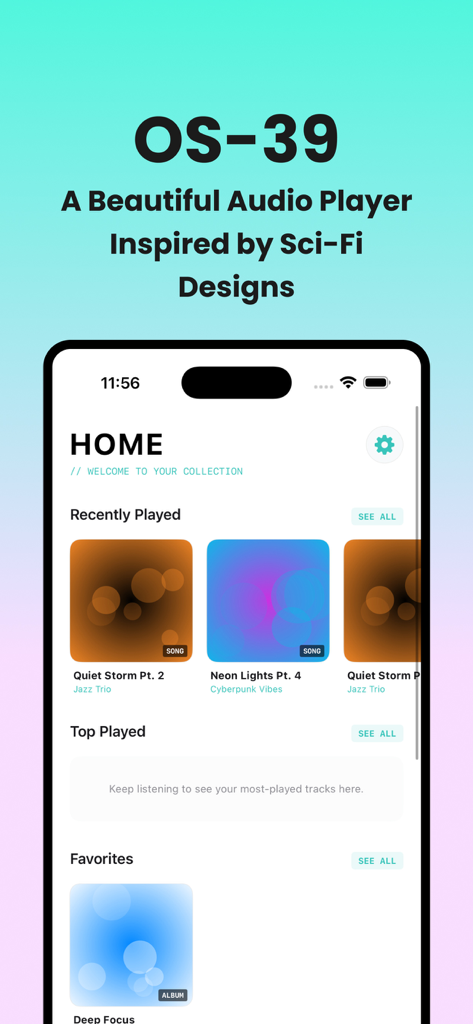 OS-39: Offline Music Player - Home screen of the OS-39 music player app featuring a sci-fi inspired design and recently played songs.