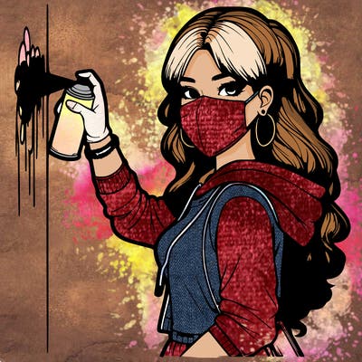 realistic girl with mask spray painting a wall