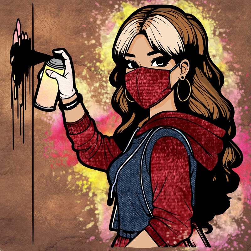 realistic girl with mask spray painting a wall