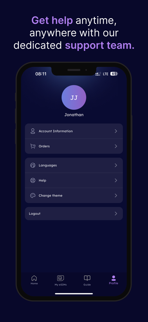 User profile page of the Simology eSIM app showing account settings and support options.