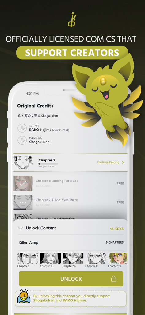 Comikey app interface showing manga credits and an option to unlock chapters to support creators.