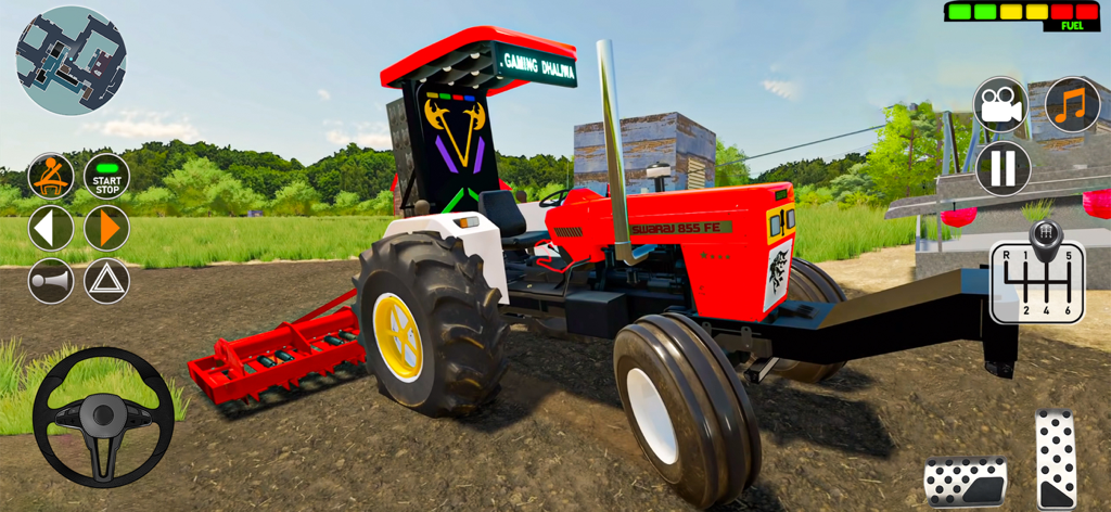 Real Tractor Farming Games - Un tractor rojo y blanco en un campo con controles de juego móvil para un simulador de agricultura