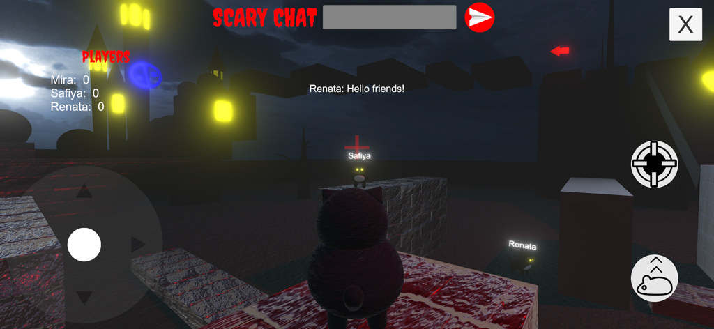 Scary cats - A screenshot of the Scary cats game showing multiplayer characters and chat interface in a dark 3D environment.