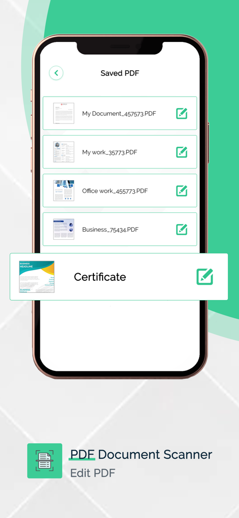 PDF Document Scanner Editor - Tela do iPhone exibindo uma lista de documentos PDF salvos no aplicativo PDF Document Scanner