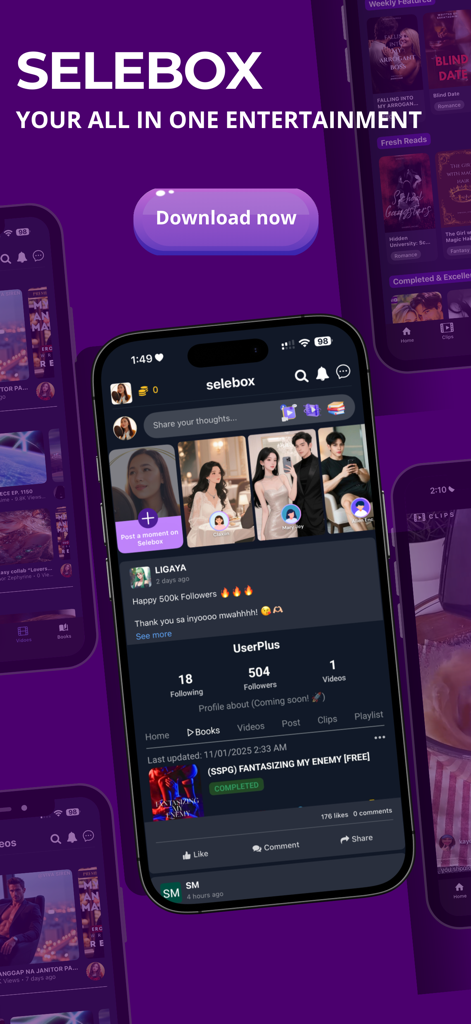 SeLeBox - SeLeBox mobile app interface showing user profile and integrated features for books videos and social feeds