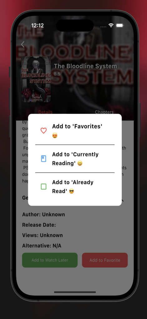 LiteNovel app interface displaying a menu to organize light novels into Favorites, Currently Reading, and Already Read lists
