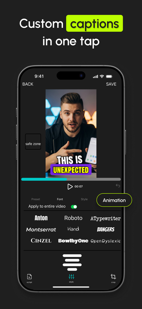AutoCap: Auto Video Captions - AutoCap app interface showing various font styles and customization options for video captions
