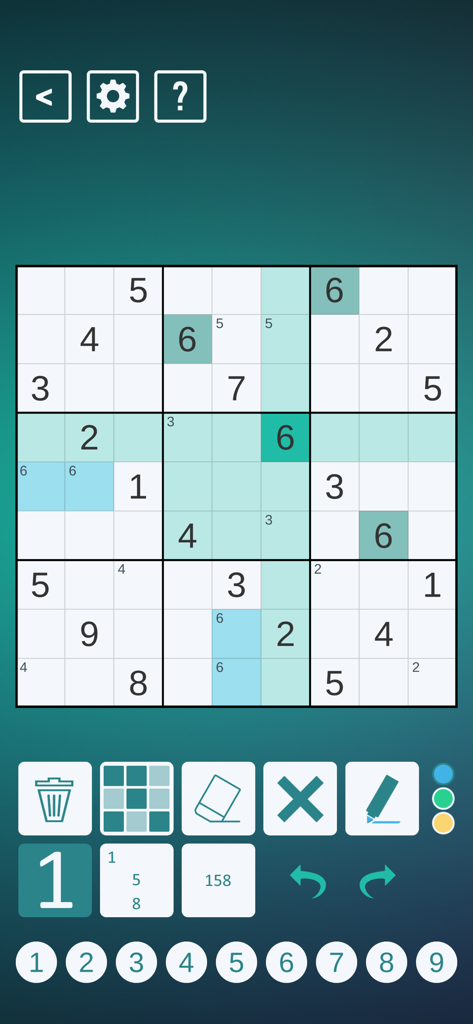 A screenshot of the Classic Sudoku app featuring a handcrafted puzzle grid with pencil marks and numbers