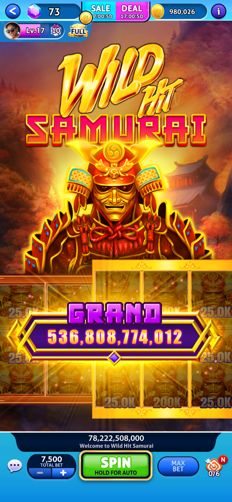 Jackpot Madness Slots Casino - Wild Hit Samurai slot machine game showing a massive grand jackpot win with a golden samurai theme