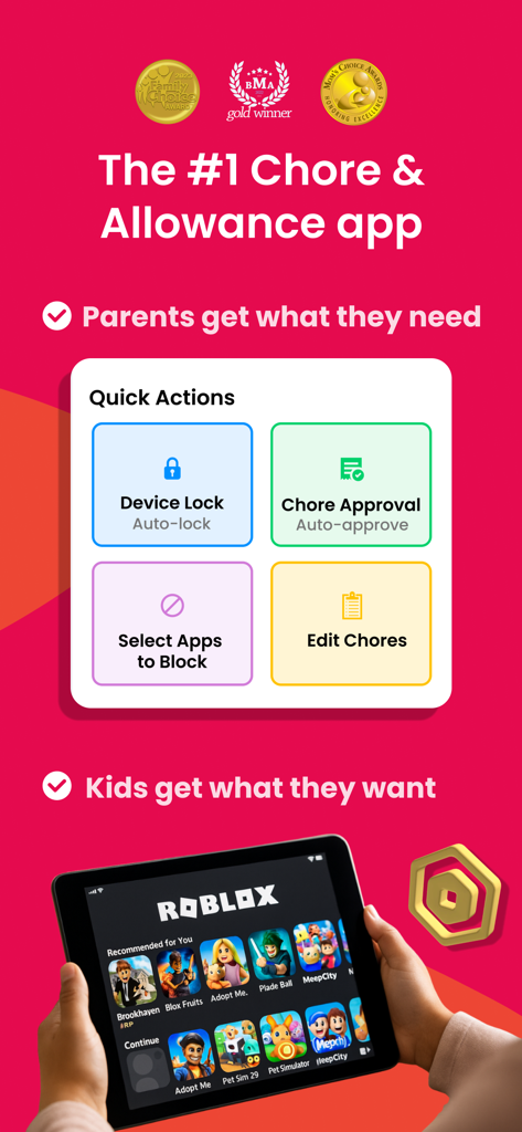 Aplicativo de controle parental mostrando ferramentas de gerenciamento de tarefas e recompensas Roblox para crianças