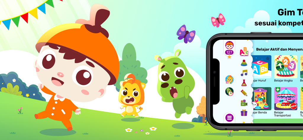 Marbel Pelajaran TK dan Paud - Interfaz de la aplicación de aprendizaje educativo preescolar Marbel que muestra personajes de dibujos animados y módulos educativos para letras, números y formas