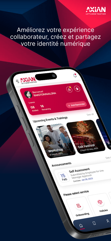 My AXIAN HR - Tableau de bord de l'application My AXIAN HR sur un smartphone affichant le solde des congés et les prochains événements d'entreprise