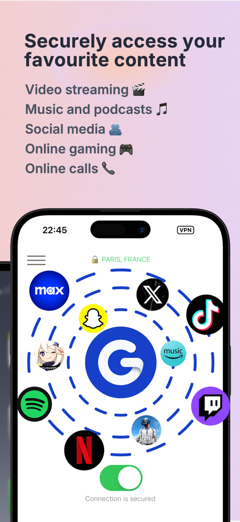 VPN Global Guard - VPN Global Guard mobile interface showing secure access to streaming and social media apps