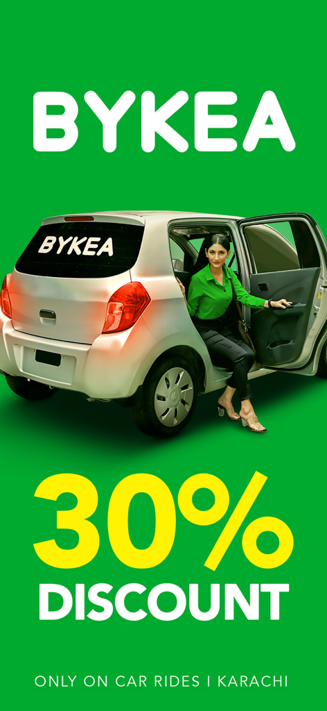 Bykea: Rides & Delivery App - Bykea app promotion offering a thirty percent discount on car rides in Karachi featuring a woman and a silver car